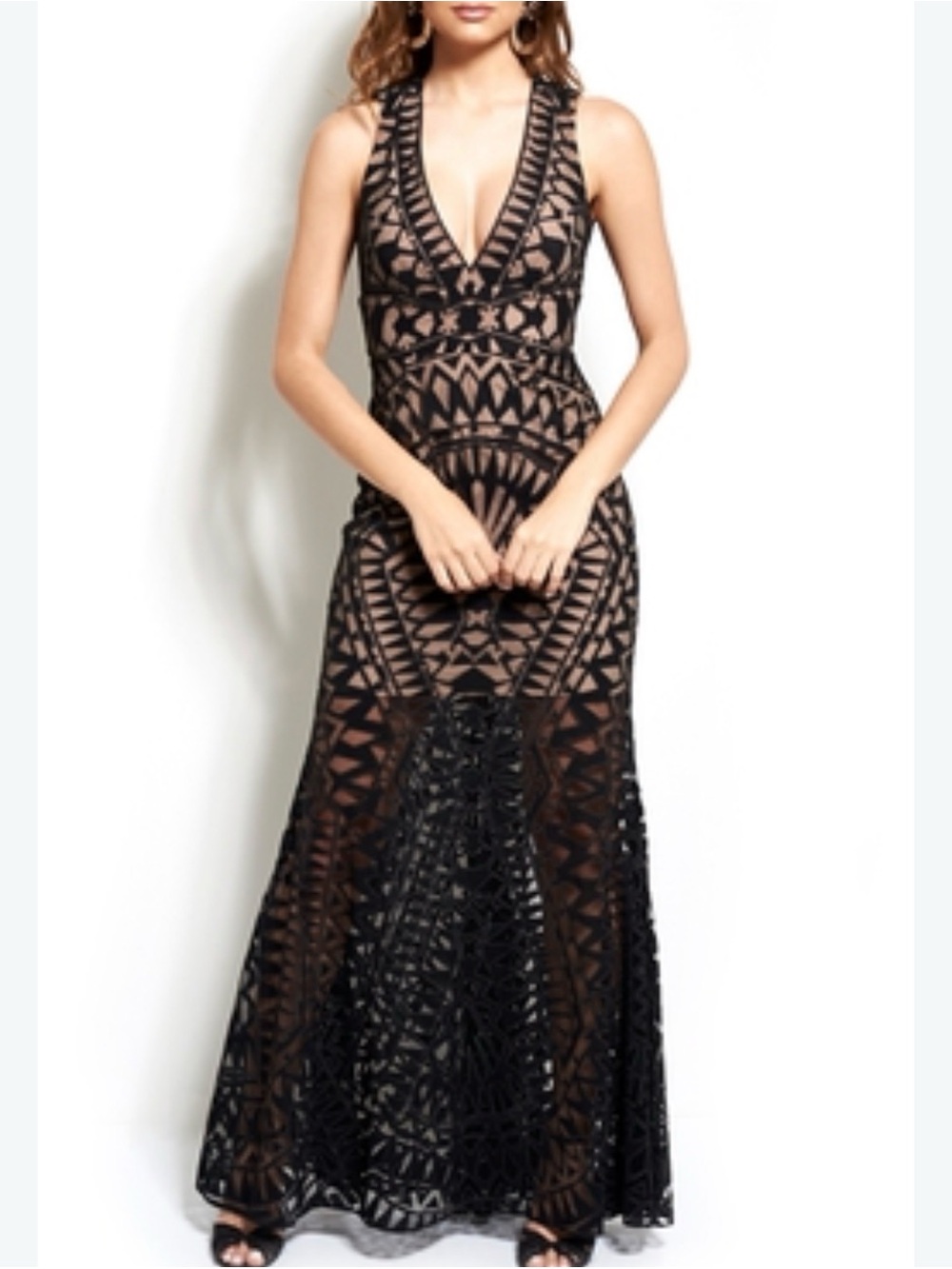 BCBGMaxAzria Black Geometric Lace Maxi Dress